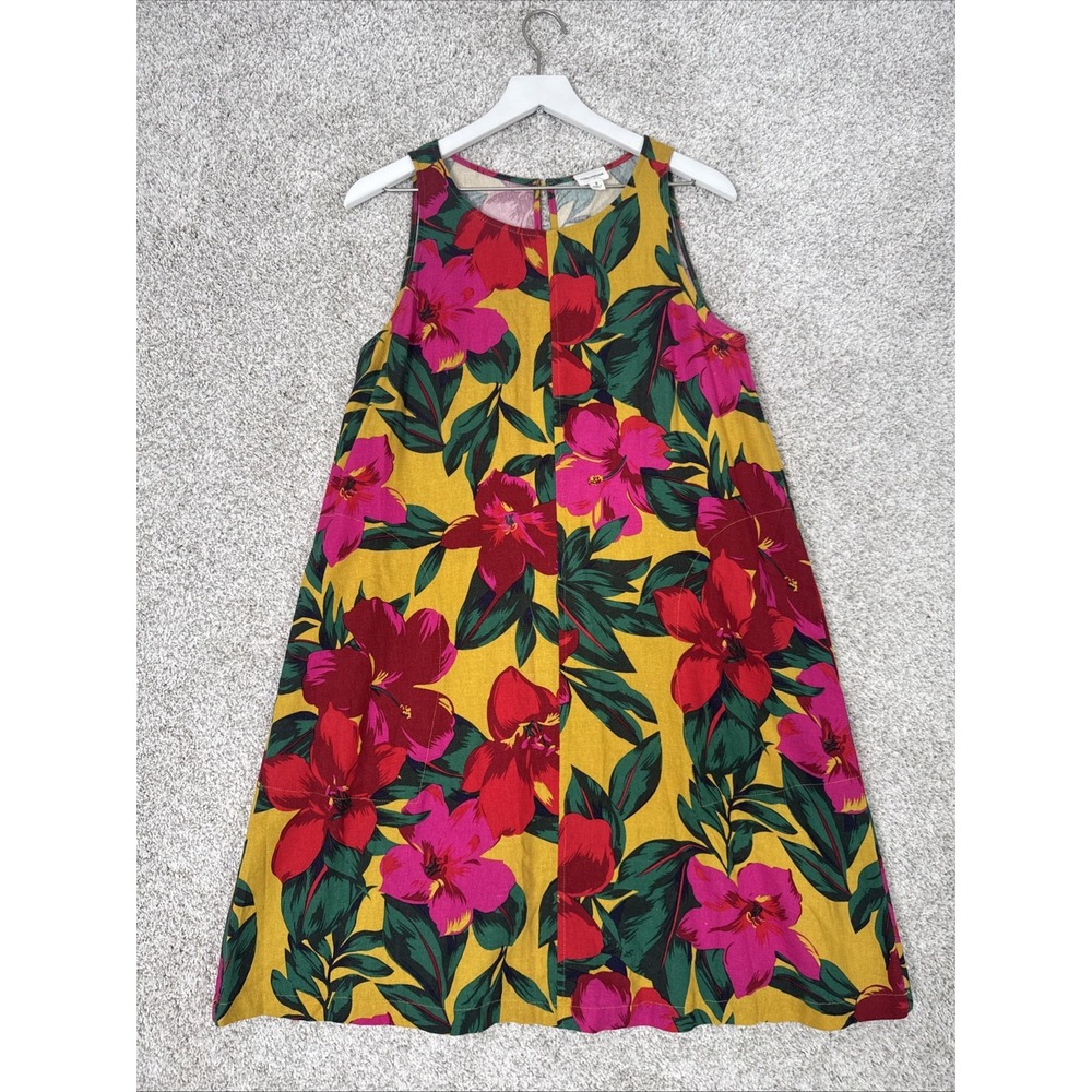 For Cynthia Linen Blend Hawaiian Dress Hibiscus Red Pink Mustard Size Small‎